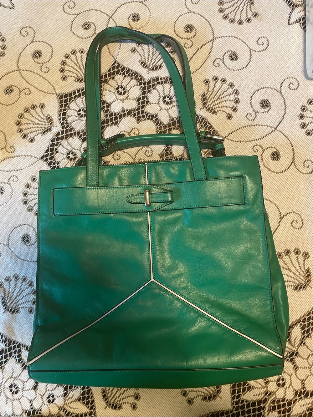 Pour La Victoire Emerald Green Leather Tote with Great Hardware & Handles